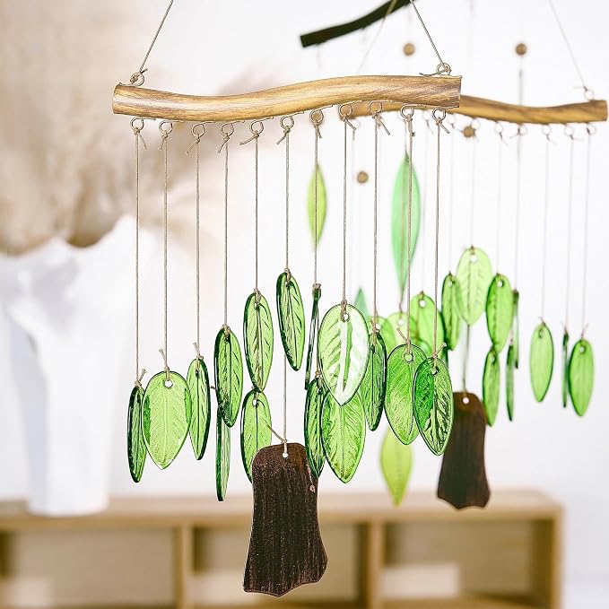YU FENG Glass Wind Chime, Green Leaf Hanging Decor for Garden & Patio | Handcrafted leaf design, iron wood-look hanging bar, metal chime accents, window hanging ornament, outdoor home decoration