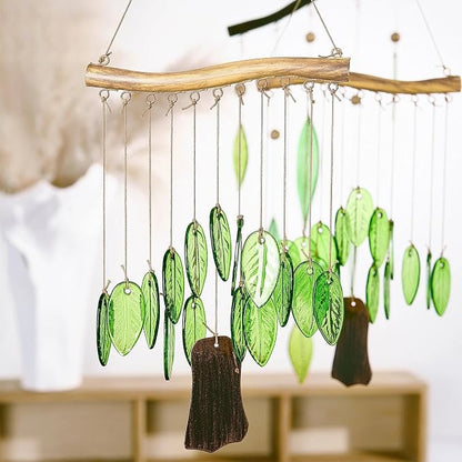 YU FENG Glass Wind Chime, Green Leaf Hanging Decor for Garden & Patio | Handcrafted leaf design, iron wood-look hanging bar, metal chime accents, window hanging ornament, outdoor home decoration