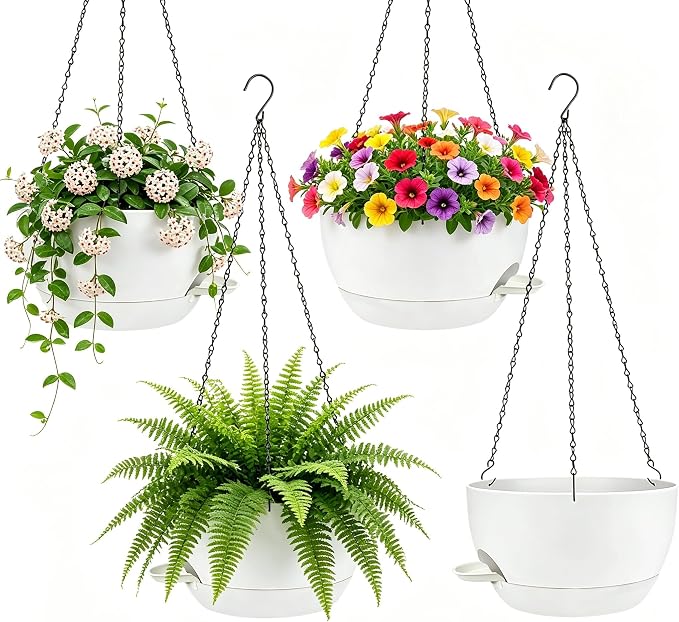 Set of 4-8 Inch Self Watering Hanging Planters for Indoor Outdoor，Hanging Plant Pots with Drainage & Removable Tray, Hanging Pots Holder for Ivy, Pothos, Ferns, Balcony & Patio, White