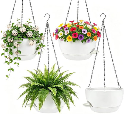 Set of 4-8 Inch Self Watering Hanging Planters for Indoor Outdoor，Hanging Plant Pots with Drainage & Removable Tray, Hanging Pots Holder for Ivy, Pothos, Ferns, Balcony & Patio, White