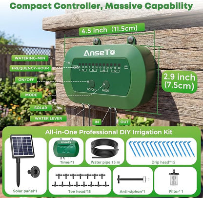 Solar Drip Irrigation System, Automatic Watering Kit with Split Design & Anti-Siphon Valve, 12 Modes Garden Irrigation System with 49ft Hose for 15 Potted Plants, Patio, Balcony & Greenhouse