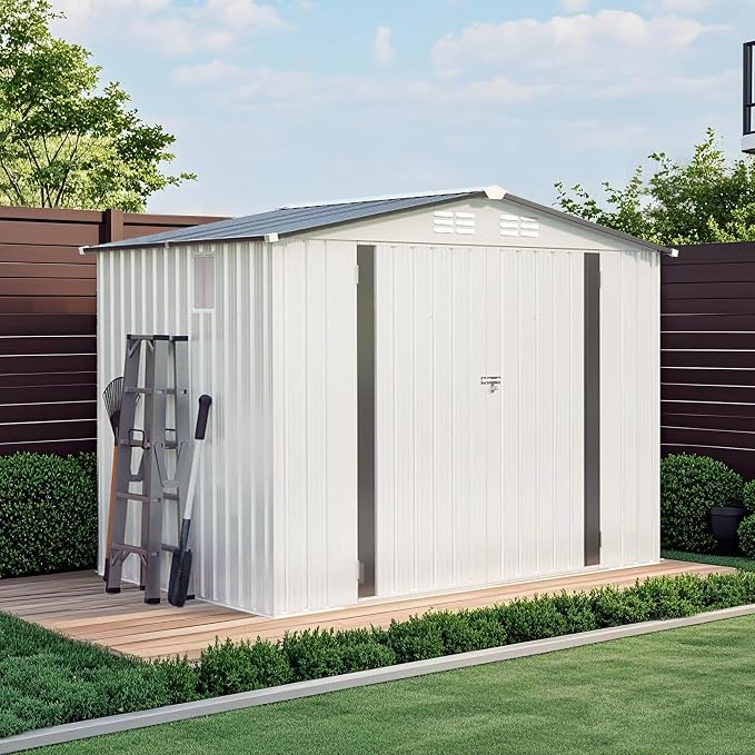 8X6 FT Storage Shed, Metal Outdoor Garden Tool Shed with Pitched Roof Waterproof with Window and 2 Lockable Door,Vents,for Garden Tool Storage, Sundries and Bike Storage,White+Gray
