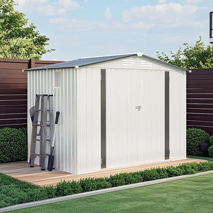 8X6 FT Storage Shed, Metal Outdoor Garden Tool Shed with Pitched Roof Waterproof with Window and 2 Lockable Door,Vents,for Garden Tool Storage, Sundries and Bike Storage,White+Gray
