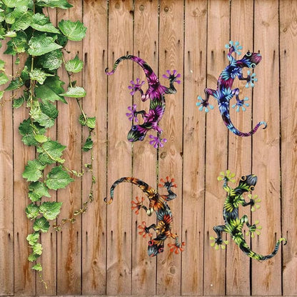 Junware 4 Pcs Metal Gecko Wall Art Outdoor Decor Metal Lizards Wall Decor Lizard 8.7 * 11.8 Inch Suitable for Hanging in Yard Garden Patio Fence Home, Idea Gifts for Mom Father Friends