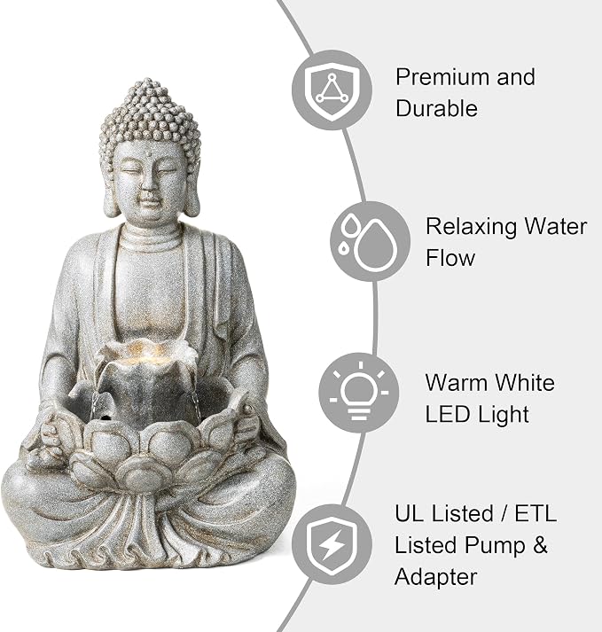 Glitzhome Buddha Fountain Outdoor with Pump & LED Light 23.25" H, 2-Tier Zen Style Concrete Meditating Buddha Statues Water Fountains Floor Fountains Buddhas Sculpture for Garden Patio Backyard