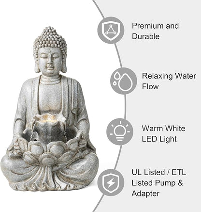 Glitzhome Buddha Fountain Outdoor with Pump & LED Light 23.25" H, 2-Tier Zen Style Concrete Meditating Buddha Statues Water Fountains Floor Fountains Buddhas Sculpture for Garden Patio Backyard