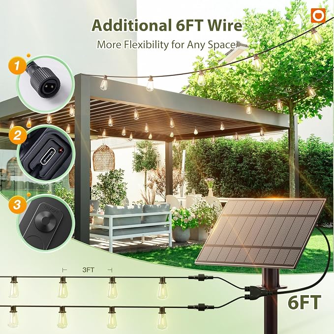 addlon 102(96+6) FT Solar String Lights Waterproof,Patio Light Solar Powered with Remote & USB Port 3 Modes, 30+2 LED Shatterproof Bulbs Outdoor Lighting for Camping Backyard Garden
