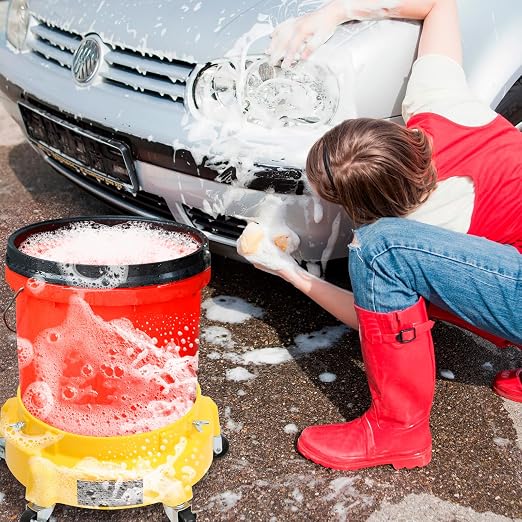 MaxWorks 50978 Car Wash Bucket Dolly – Rolling 5-Gallon Bucket Holder with Removable Debris Catcher & 5 Locking Wheels – Ideal for Washing, Waxing, Polishing & Detailing