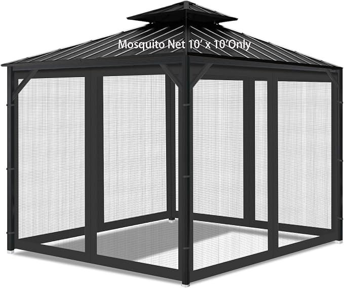 Gazebo Universal Replacement Mosquito Netting, Outdoor Mesh Netting Screen 4-Panel Sidewall with Zipper for Patio, Canopy, Garden and Backyard, Black, 10' x 10'