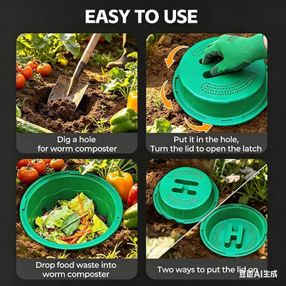 Upgrade Worm Composter 2 Pack 8L, Outdoor Indoor Worm Farm Kit for Garden, Compost Bin for Kitchen Waste, Vermicomposting Bin with Gloves, Rake, Loofah Scrubber – Organic Fertilizer Maker for Plants