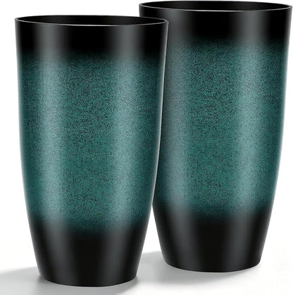 Autodaya 23.8" Tall Outdoor Planters Set of 2 Flower Pot for Outdoor Plants | Faux Ceramic Large Planters with Drainage Hole, Gradient Turquoise Glaze, Weather-Resistant for Garden Patio Porch Home Decor