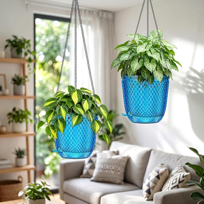 QCQHDU 5.7 Inch 2 Pack Small Hanging Planters for Indoor Outdoor Plants,Self Watering Flower Pots Hanging Basket Plant Hanger with Drainage Holes and 3 Hooks for Window Porch Garden Balcony, (Blue)