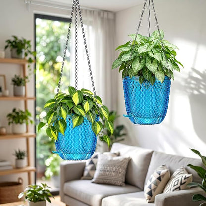 QCQHDU 5.7 Inch 2 Pack Small Hanging Planters for Indoor Outdoor Plants,Self Watering Flower Pots Hanging Basket Plant Hanger with Drainage Holes and 3 Hooks for Window Porch Garden Balcony, (Blue)