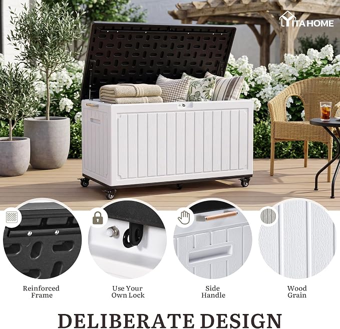 YITAHOME 90 Gallon Outdoor Storage Box with 6 Swivel Wheels & Dual Wooden | Large Double-Wall Resin Deck Box, Lockable Waterproof Patio Organizer for Furniture, Cushions, White & Black