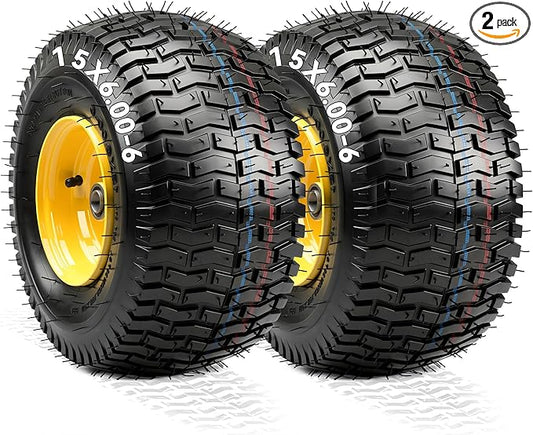 YITAMOTOR 15x6.00-6 Flat Free Lawn Mower Tires & Wheel Assemblies, 4 Ply Pneumatic Front Tires Replacement Fits John Deere, Lawn Tractors, More Riding Mowers | 3" Offset Hub, 3/4" Bearings (2 Pack)