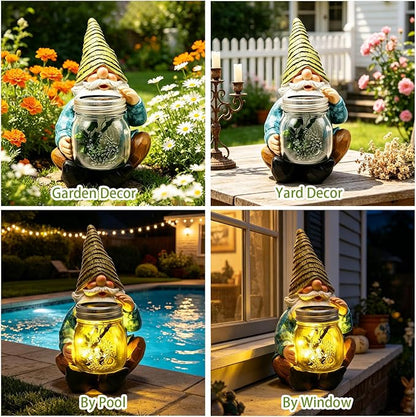 VOOKRY Solar Garden Gnome Statues, Outdoor Gnome with Firefly Solar Lights Waterproof, Birthday Gifts for Mom Women Mother's Day Christmas, Garden Figurines for Yard Decor Patio Porch Lawn Ornaments