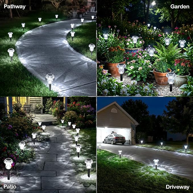 Solar Garden Lights Outdoor 16 Pack 6000K Cold White Mushroom Decor | Waterproof Pathway Outside Yard Walkway Landscape Path Lighting, LED Auto On/Off Decorations, Acrylic Diamond-like Lampshade