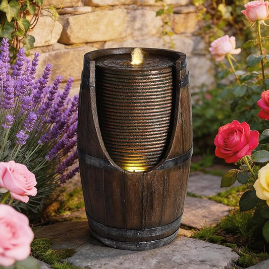 Outdoor Barrel Water Fountain with LED Lights, Rustic Wood Look Resin Waterfall Feature, Freestanding Garden Decor for Patio Yard Porch Deck Farmhouse Landscaping