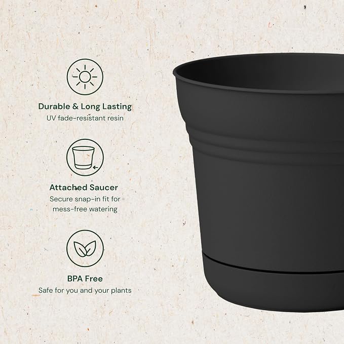 Bloem Saturn 10" Plastic Planter with Saucer, Black | Medium-sized pot with built-in drainage holes and detachable saucer tray to protect surfaces and keep your plant happy.