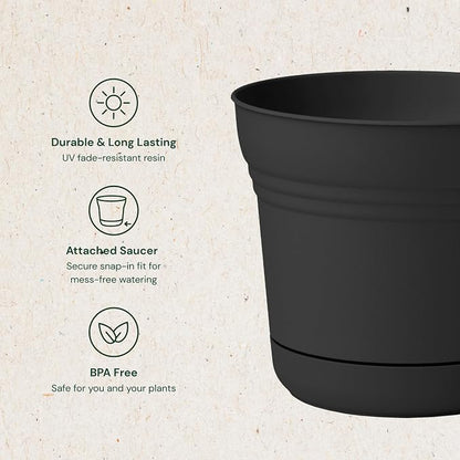 Bloem Saturn 10" Plastic Planter with Saucer, Black | Medium-sized pot with built-in drainage holes and detachable saucer tray to protect surfaces and keep your plant happy.