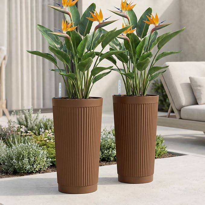 TUYOHW Set of 2 Large Round Tall Planter for Indoor or Outdoor 24" Flower Pots for Porch, Patio, Backyard, Large Planters for Outdoor Indoor Plants