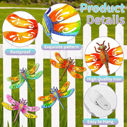 Metal Dragonfly Wall Decor, 4Pcs Dragonfly Iron Wall Art Sculptures Hanging Sculpture Decoration.Outdoor Fence Art 13.58 * 9.45 Inch for Home Garden, Fence, Patio, Yard, Bedroom Outside Gifts for Adults
