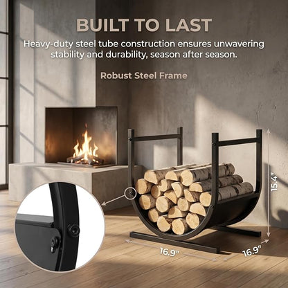 Firewood Rack Outdoor, 17 Inch U-shaped Firewood Storage Log Rack with Integrated Hooks, Wood Rack for Indoor Fireplace & Balcony (Black)