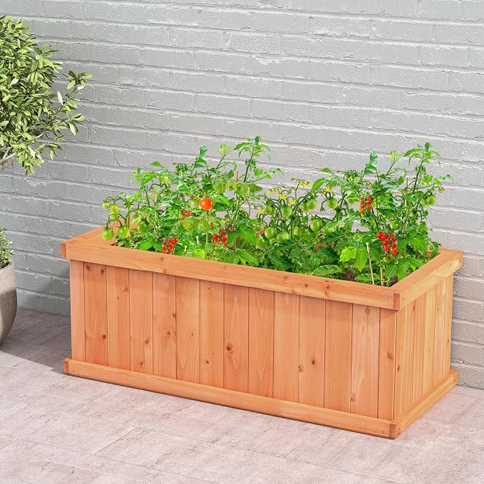 Giantex Raised Garden Bed Set of 2, 31”x14”x12” Wooden Elevated Planter Box with 4 Drainage Holes & Detachable Bottom Panels, Flower Bed, Rectangular Plant Container for Vegetables, Herbs & Fruits