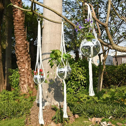 8" Silver Disco Ball Planter with Hanging Rope, Hanging Chain, Hook, Circle | for Decoration
