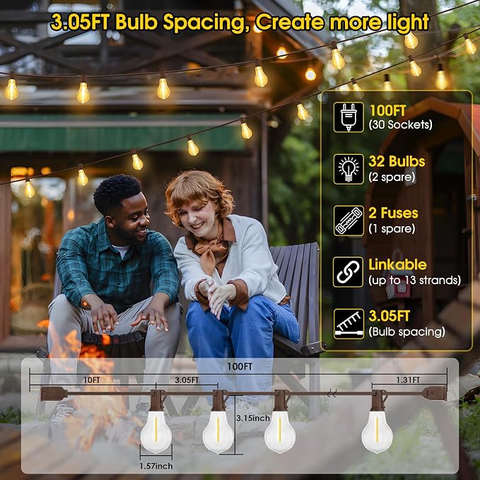 Larkvue 100FT LED Outdoor String Lights, 32 Shatterproof A39 Bulbs, Brown | Plug-in, Waterproof, Linkable, Warm White, Dimmable, for Balcony Backyard Bistro Pergola, Dimmer not Included