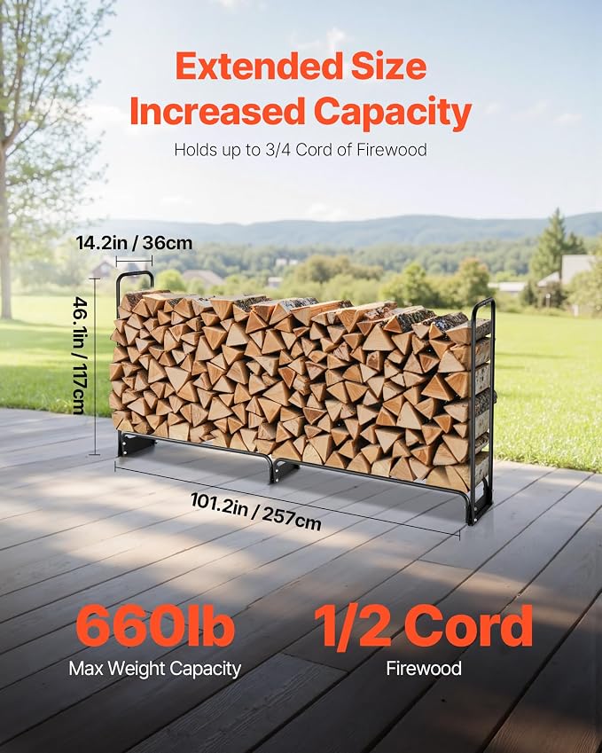 VEVOR Firewood Rack with Waterproof Cover, 8.4 ft Outdoor Firewood Holder, 1/2 Cord Storage Metal Log Holder, 660lb Max Weight Capacity, Top Covered, Powder-Coated Wood Storage Rack for Fireplace Deck