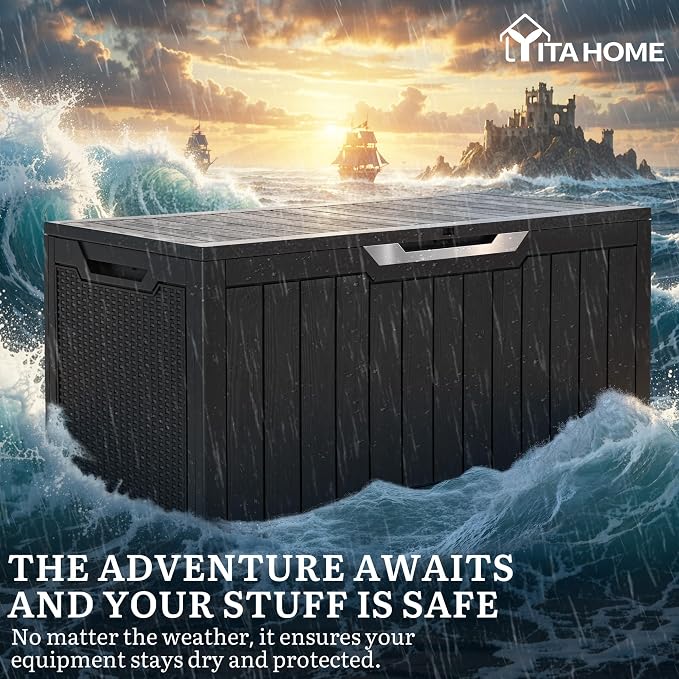 YITAHOME 100 Gallon Large Outdoor Storage Box | Water Resistant Resin Deck Box w/Silver Decorative PVC Trim Pane, Lockable Rattan Storage Container for Patio, Garden