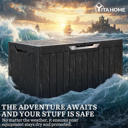 YITAHOME 100 Gallon Large Outdoor Storage Box | Water Resistant Resin Deck Box w/Silver Decorative PVC Trim Pane, Lockable Rattan Storage Container for Patio, Garden