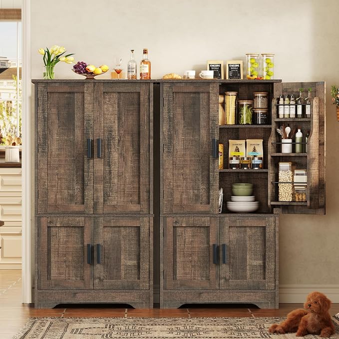 TEENFON Storage Cabinet with 4 Doors, 43.3" H Farmhouse Kitchen Cabinet with 6 Door Shelves, Kitchen Storage Cabinets with Adjustable Shelves, for Living Room, Antique Oak
