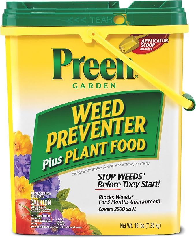Preen Garden Weed Preventer Plus Plant Food 16 lb. Drum, Covers 2,560 sq ft | Granular All Purpose Fertilizer with Pre Emergent Weed Control for Gardens – Prevents Weeds and Feeds Plants