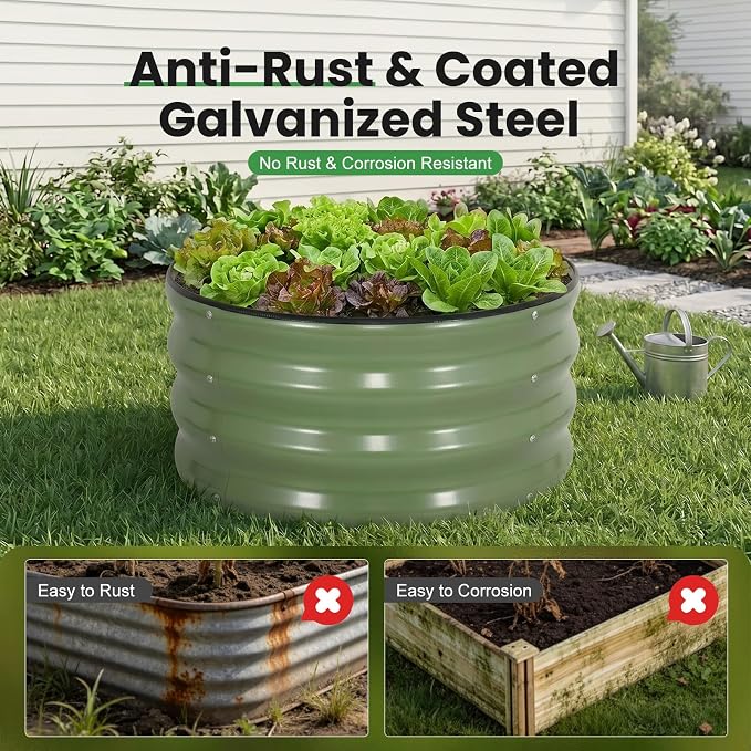 WILLOW WEAVE 4 Pcs Round Raised Garden Bed Outdoor, 2x2x1ft Circle Garden Bed, Galvanized Raised Planter Box for Gardening, Metal Raised Beds for Flower, Vegetable, Herb, OliveGreen