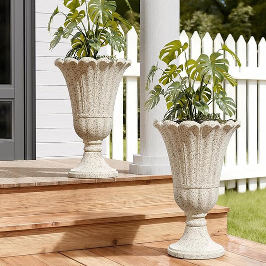 23.6" Tall Plastic Urn Planters for Outdoor Plants with Drainage Holes & Petal Design, Set of 2 Sturdy Base Classic Indoor Large Flower Pots, Outdoor Planters for Porch/Home, Yellow Beige