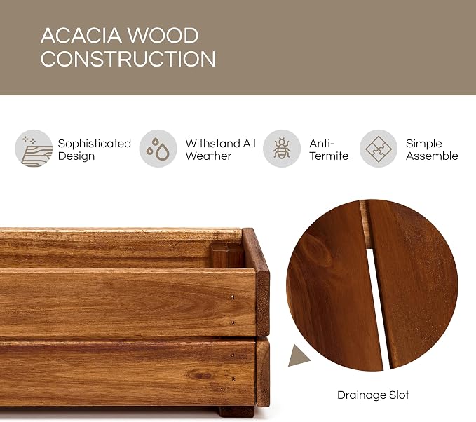 THYOI Premium Wooden Planter Box, Storage Box 17" L x6 W x5.5 H with Crate Style, Acacia Wood Flower Container, Rustic Rectangle Planter for Planting, Decor and Storage - 3 Colors (Golden Walnut)