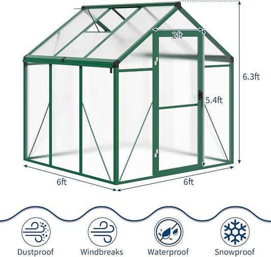 6X6 Ft Polycarbonate Greenhouse Sunroom with Aluminum Frame, Outdoor Greenhouse for Vegetables Herbs Flowers, Lockable Door & Adjustable Roof Vent, Patio Backyard Greenhouse Kit for Gardening, Green