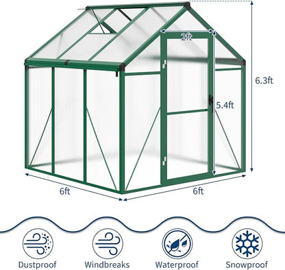 Garvee 6 x 6 FT Greenhouse, Greenhouses for Outside, Polycarbonate Greenhouse with Aluminum Frame, Lockable Door and Ajustable Roof Vent for Backyard, Green Houses for Outside Garden Backyard, Patio