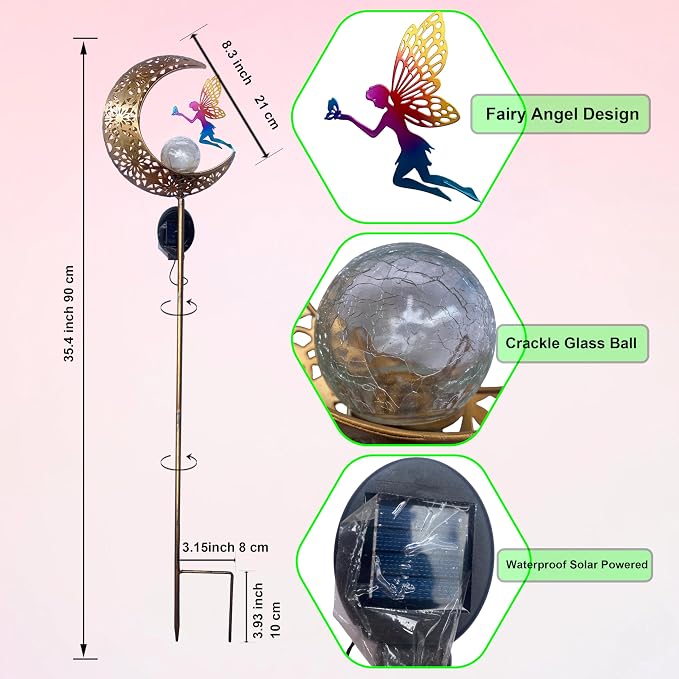Waterproof Solar Moon Fairy Crackle Glass Lights, Metal Stake for Yard Patio Lawn Pathway Decor