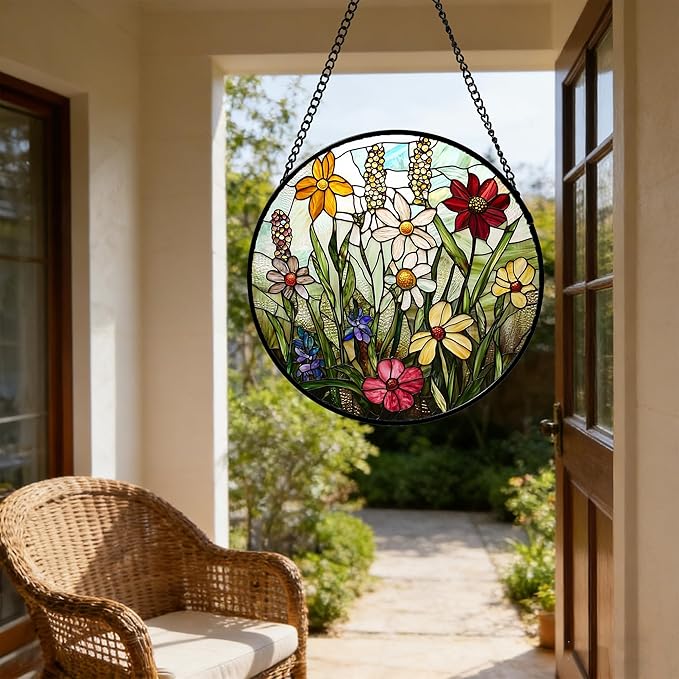 DASTOLL Stained Glass Window Hanging, Colorful Wildflowers Plant Scenery Suncatcher for Doors Window Home White Green Sun Catchers Decor Mother's Day Birthday Gifts for Women, Men Mom 7.8 in