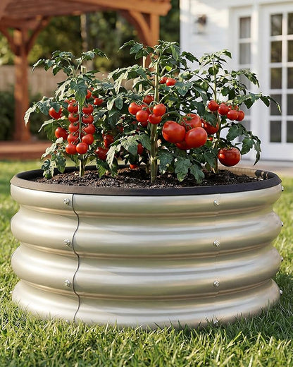 2 x 2 x 1 ft Round Raised Garden Bed, White 1 Pack 0.6 mm Thick Galvanized Steel Planter Box with Double Layer Paint and Safety Edge Trim for Vegetables Flowers Herbs Outdoor Garden