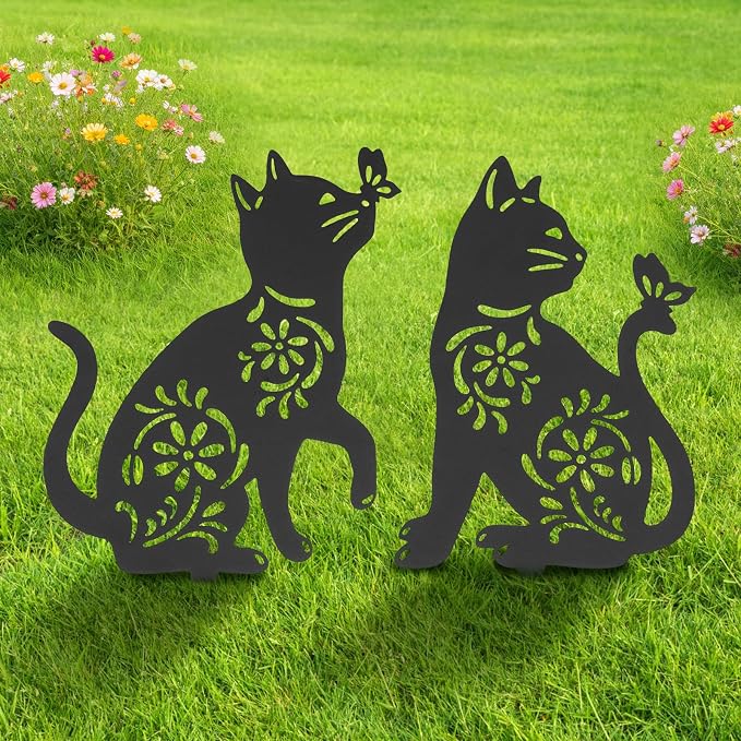 Cat Metal Decorative Garden Stakes, Rust Proof Cat Metal Black Silhouette Decor Garden Stakes for Yard Patio Lawn Decorations, Cats Outdoor Decor Gifts for Women/Men