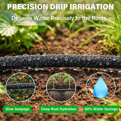 MIXC Drip Irrigation System with 100FT 1/4" Soaker Hose - 80% Water Savings, Weeping Tech for Deeper Root Watering, Garden Kit with 10FT 1/2" Tubing for Raised Beds, Vegetables, Lawn, Greenhouse