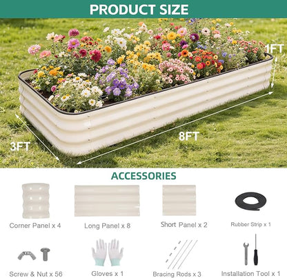 5 in 1Galvanized Raised Garden Bed - 8x3x1ft Modular Garden Planter Bed Outdoor | Steel Raised Bed Kit with Bracing Rods, Gloves for Gardening Vegetables Fruits and Flowers (White)