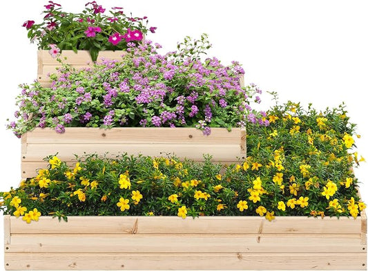 Topeakmart Wooden Planter Box 3 Tier Raised Garden Bed Open Bottom, 1Pcs | Sturdy fir wood tiered planter for patio & garden. Open bottom lets roots grow deep into natural soil.
