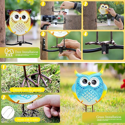 LEGIFO Owl Garden Decor for Outside, Stand & Tree Hugger Outdoor Owls Stakes Yard Art Set of 3, Funny Metal & Glass Stake Gifts for Grandma Mom Women