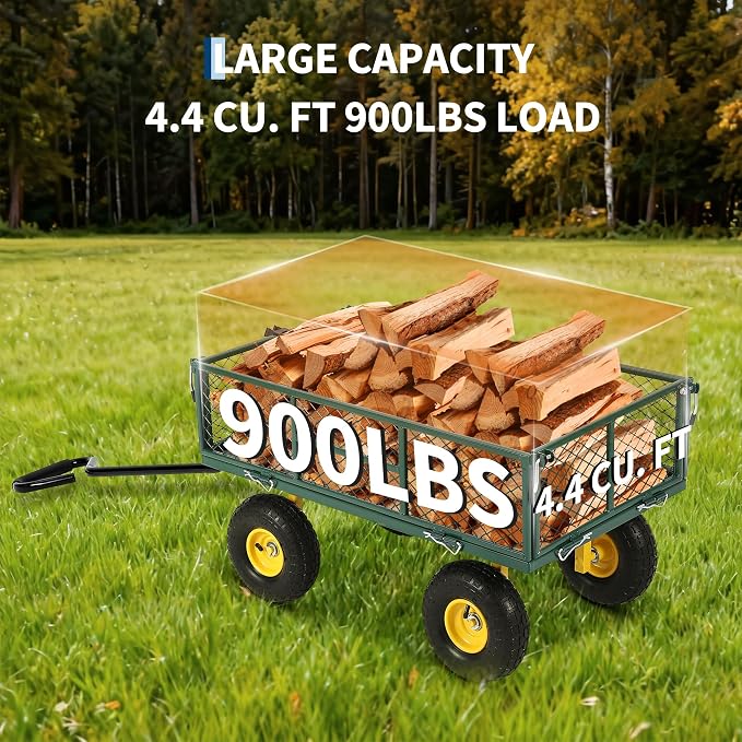 900 lbs Heavy Duty Steel Garden Cart, Garden Wagon Cart on Wheels, Outdoor Metal Yard Utility Wagon Carts with and Mesh Removable Sides and 180°Rotating Handle,Green