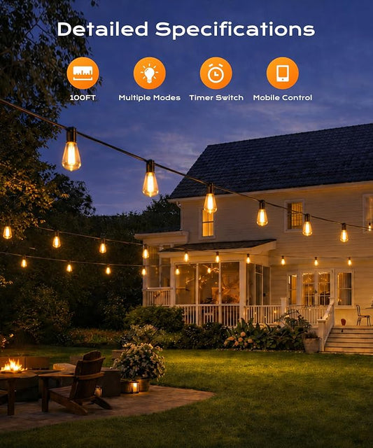 Outdoor String Lights 100FT Patio Lights for Outside Outdoor Ceiling Porch Light, Smart App andRemote with Timer Dimmable 4 Scene Modes Waterproof LED Bulbs for Garden Yard and Backyard Decor